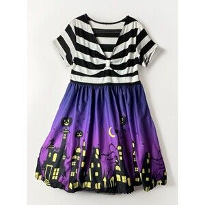 Halloween Dress Striped Stretchy Top Purple Skirt Black White Size XL Cute Party